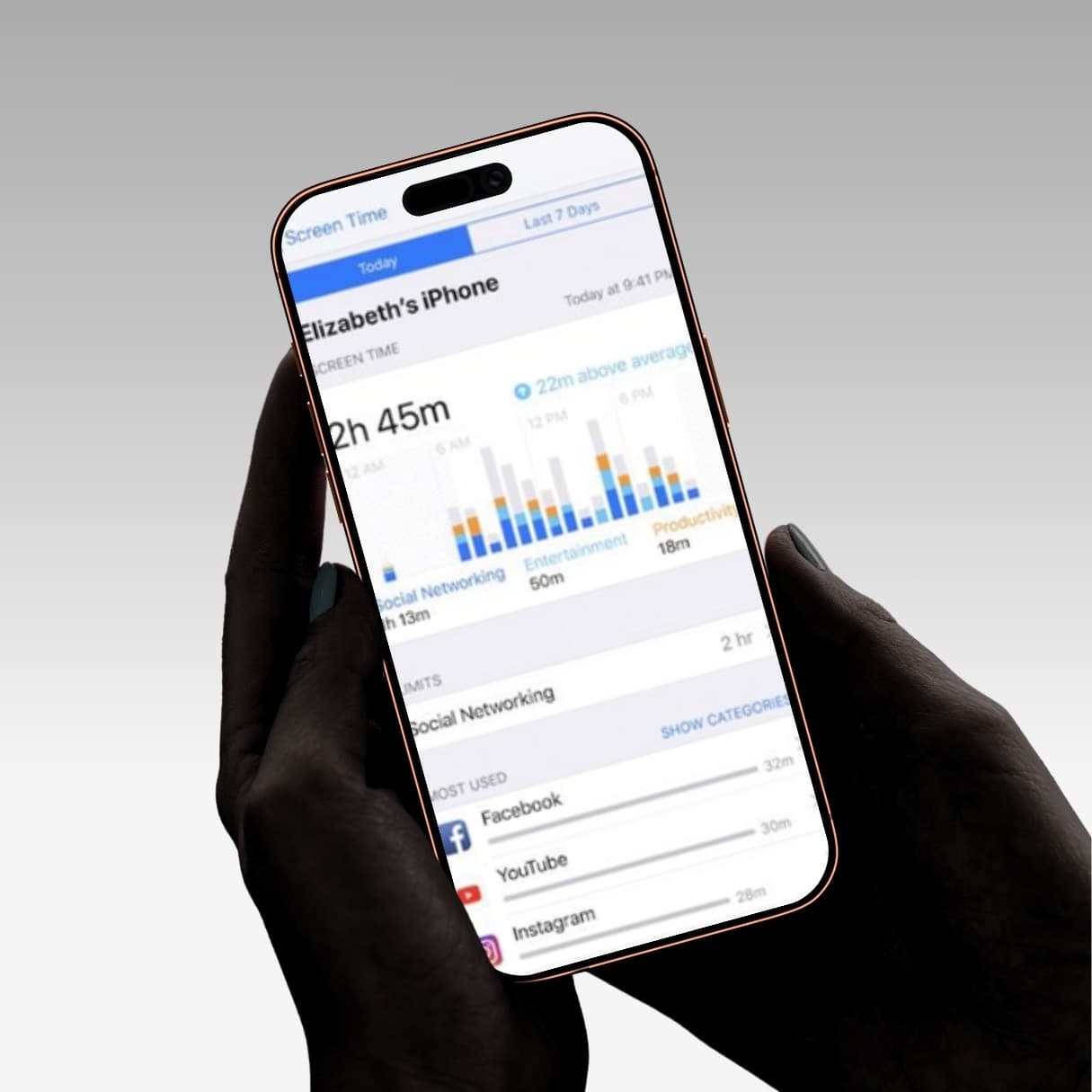 A blurred photo of hands holding an iPhone showing the Screen Time app, reading 'Elizabeth's iPhone' at 2h 45m today, broken down by Social Networking, Entertainment and Productivity